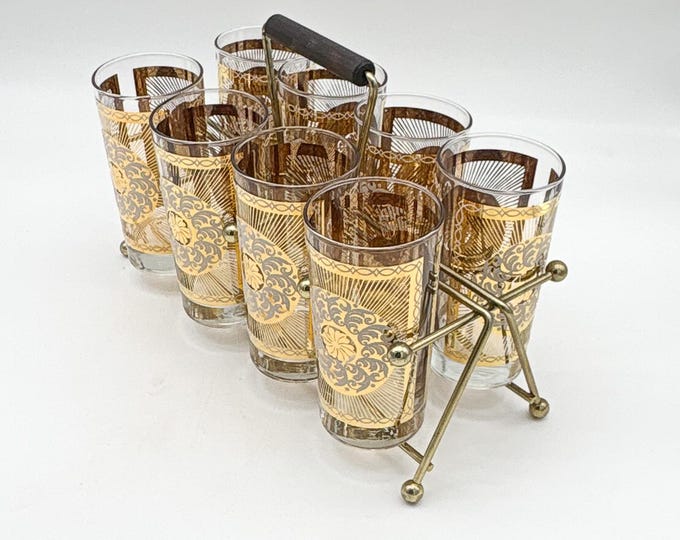 Mid Century Libbey Highball Glasses Set, Gilt Hollywood Regency Brass Caddy