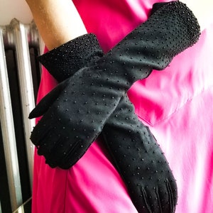 Stunning pair of Double Woven Black Seed Bead Elbow Gloves Size 6.5&quot;