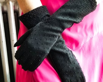 Stunning pair of Double Woven Black Seed Bead Elbow Gloves Size 6.5"