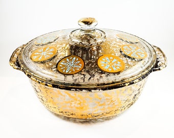 Mid Century Vintage Fire King Glass Georges Briard Casserole With Lid, Gold & Turquoise Medallion Design on Lid, Gold Spatter Casserole