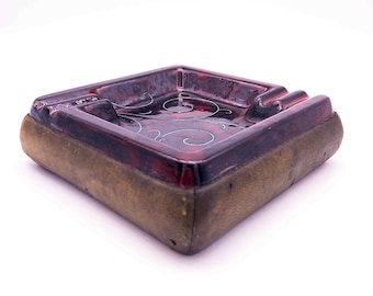 Beauty of an Italian Mid Century RED Mottled Glaze and Brown Leather Bottom SQUARE Ashtray/Trinket Dish