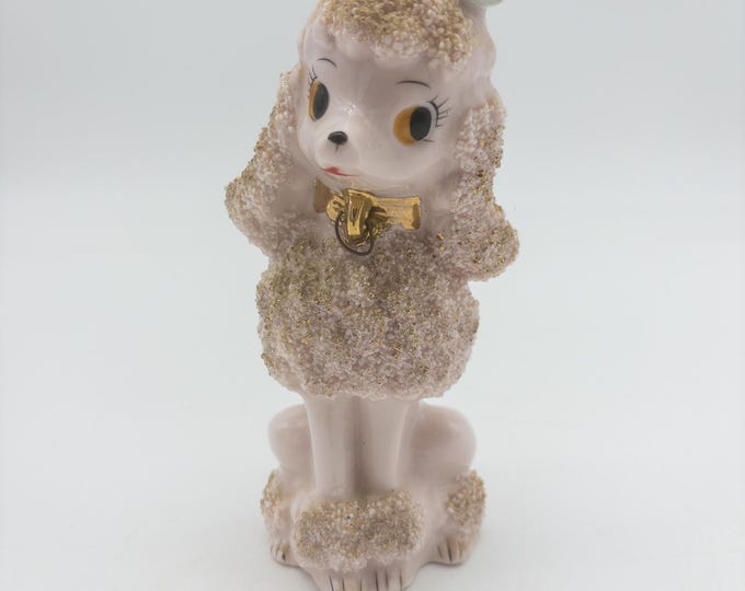 Vintage 1950s Spaghetti Dog Figurine, Pink Porcelain with Gold Collar