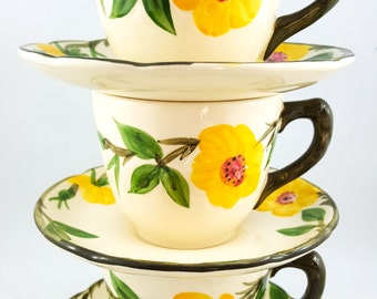 Hand Painted Floral Tea Cup Set, Yellow Poppies, Set of 3