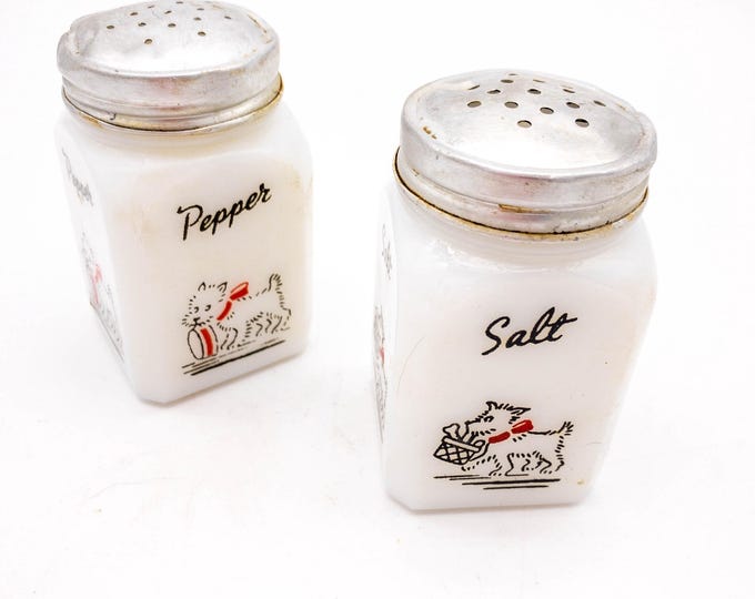 Westies Milk Glass Salt and Pepper with Aluminum Tops