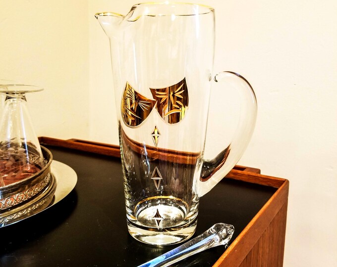 Blown Glass Gilt Tragedy/Comedy Mask Themed Martini Pitcher with Glass stir stick
