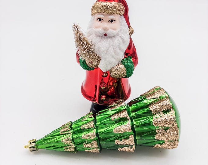 2 Vintage Christmas Ornaments - Fabulous Santa with Glitter beard and cuffs and bottle brush tree along with Green Tree with glitter accents
