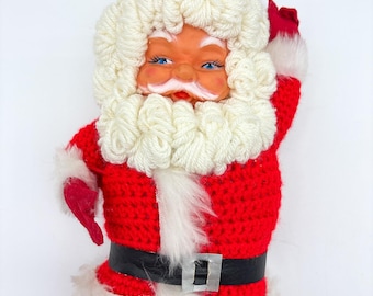 Vintage Handmade Stuffed MCM Santa, Mid Century Christmas, Mid Century Santa, Stuffed Santa Clause, Santa in hand knit suit with rubber face