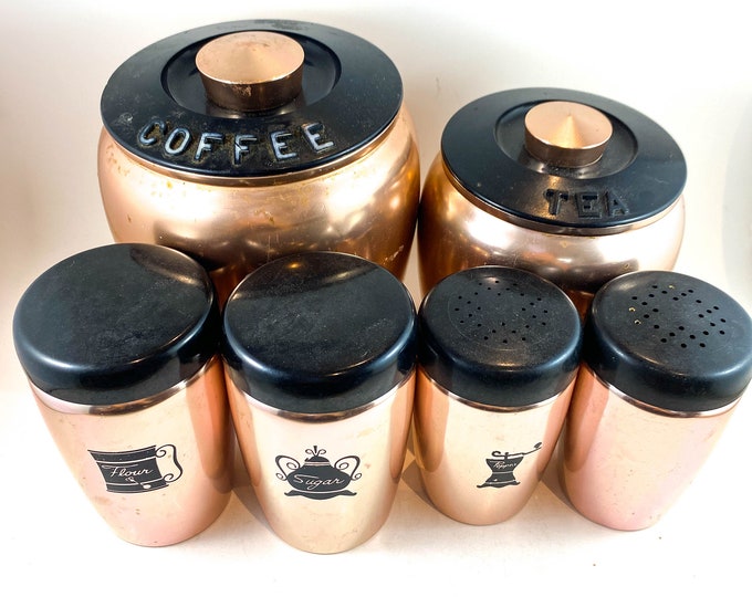 Set of Copper Anodized Aluminum Kitchen Canisters and Shakers x 6