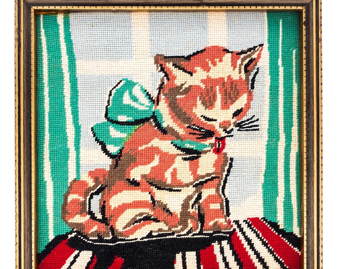 1940's Vintage Needlepoint Petit Point framed Kitty with Green Bow