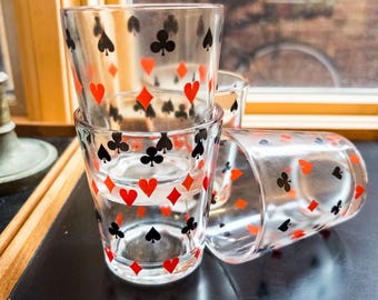 Mid Century Mustard card suit glasses, Schwartz, Dominion Glass set of 4 Lo-Ball Whiskey Glasses