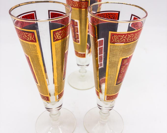 Set of 3 Mid Century Libbey Gilt and Red Mid Century Glasses Hollywood Regency, gold and red design 3 Pilsner Beer Glasses, Fathers Day