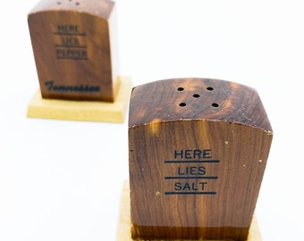 Danish Teak Tombstone Salt and Pepper, Reads here Lies Salt and Here Lies pepper and Tennessee