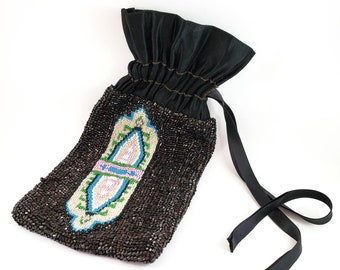 Magnificent Rare Hand Beaded 1920s black beaded drawstring bag. 1920s accessories. 1920s evening bag.