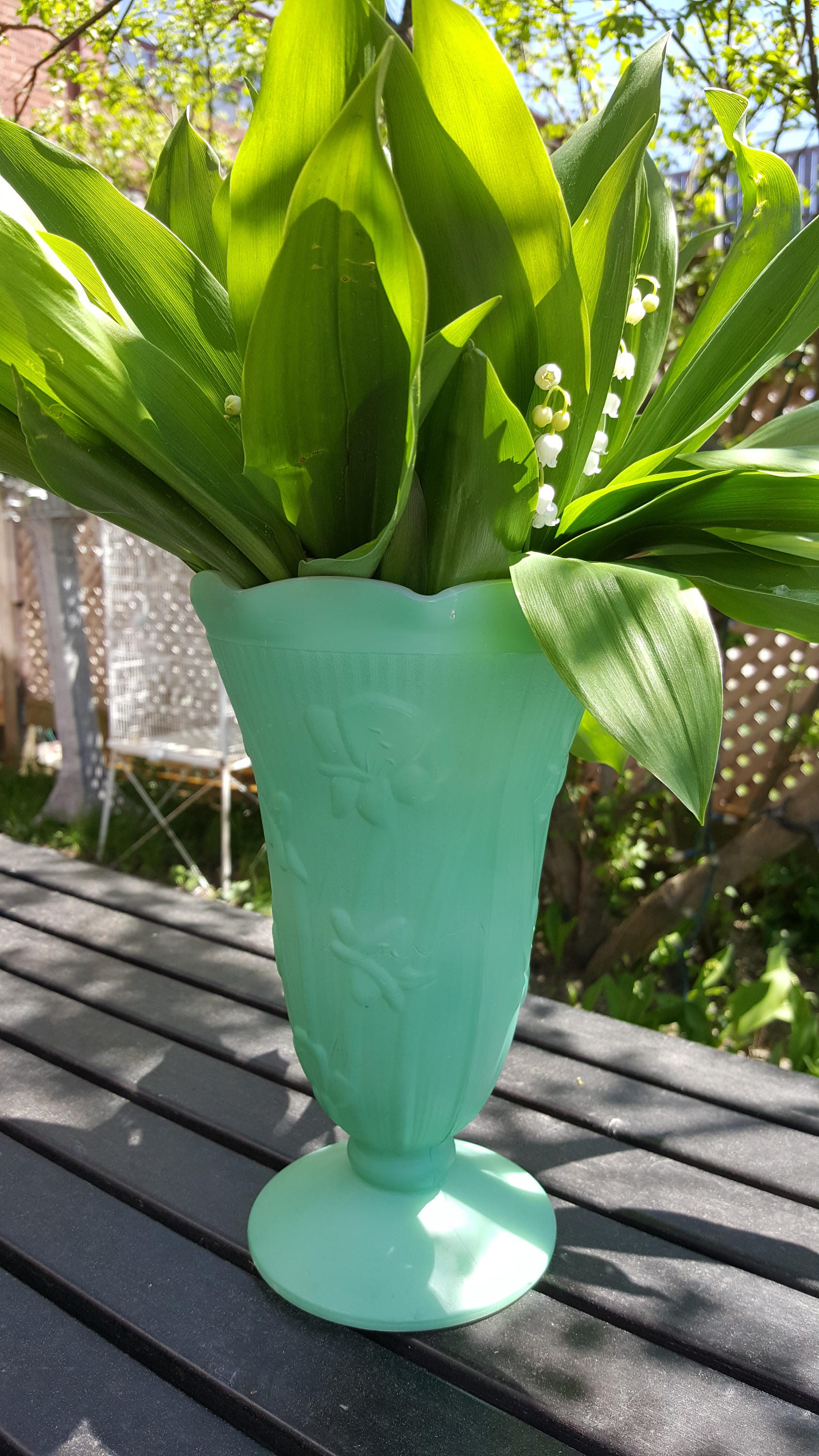 Beautiful Translucent Jade Milk Glass Pedestal Vase with Floral Relief