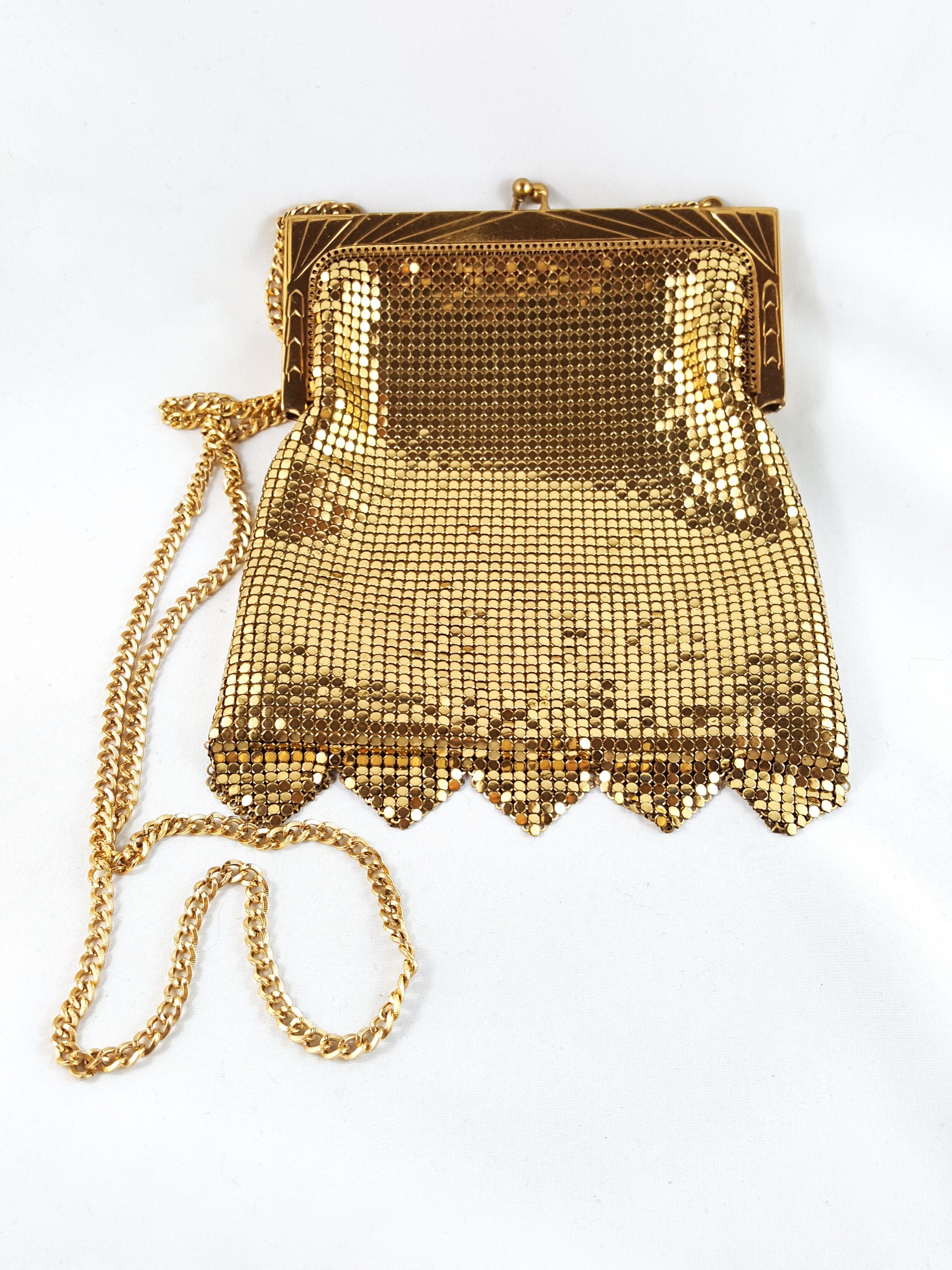 Magnificent Vintage 70s WHITING and DAVIS Gold MESH Bag Flapper Purse ...