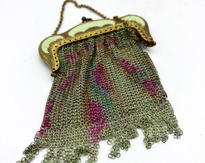 Magnificent Antique Green Metal Silver Mesh/Maille Evening Bag with Pink accents  w/ strap/Antique 1900s Handbag Kiss Lock