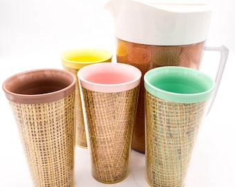 Vintage Raffia Ware Pitcher, with 4 matching glasses, Collectible Raffia Ware/Tiki Party
