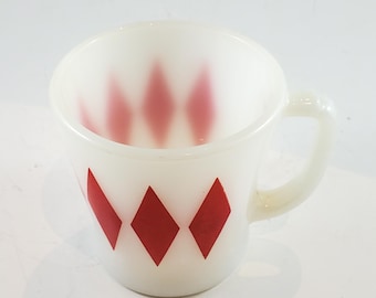 RARE Vintage RED Diamond / Harlequin Milk Glass 8oz Mug Fire King by Anchor Hocking Glass c1950s