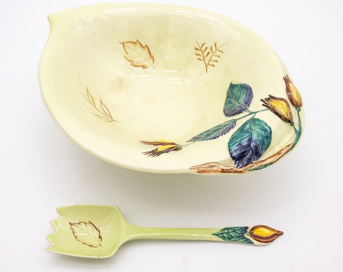 Stunning Carlton Ware pale green pedestal Vintage Bowl with Handpainted Leaf Design with Serving Spoon