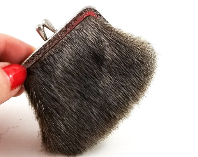 Beautiful Tiny Vintage 1950's Brass and Fur Change Purse with Black Suede Lining and Kiss Clasp Closure