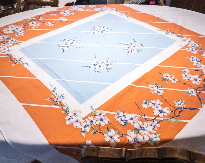 1950's Country Kitchen White Rectangular Cotton Tablecloth with in Orange and Blue with Flowering Dogwood Motif