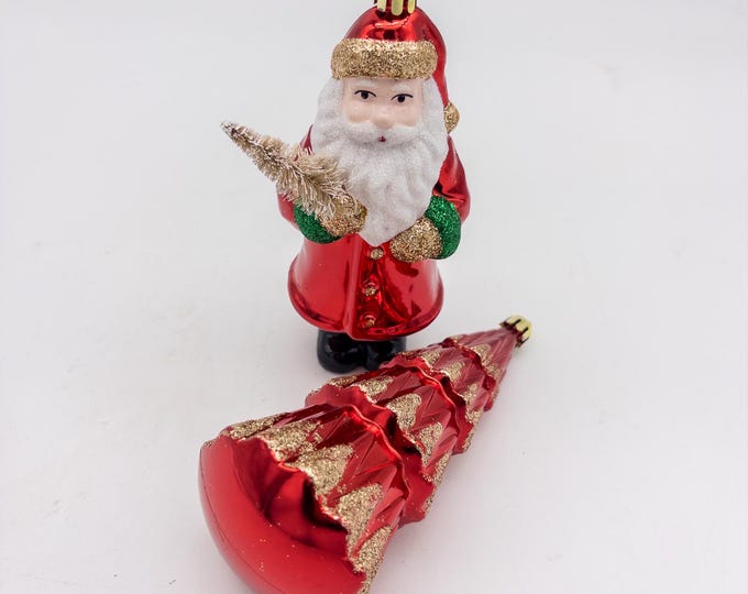 2 Vintage Christmas Ornaments - Fabulous Santa with Glitter beard and cuffs and bottle brush tree along with Red Tree with glitter accents