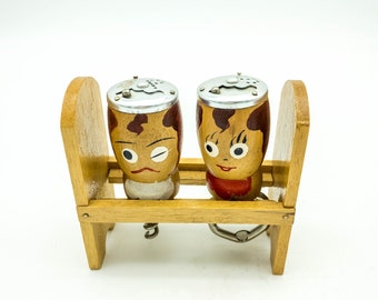 1950s Vintage Souvenir Wooden Salt and Pepper Set that also function as Bottle and wine Opener in Caddy