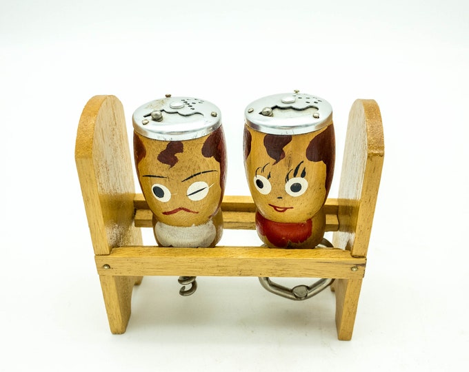 1950s Vintage Souvenir Wooden Salt and Pepper Set that also function as Bottle and wine Opener in Caddy