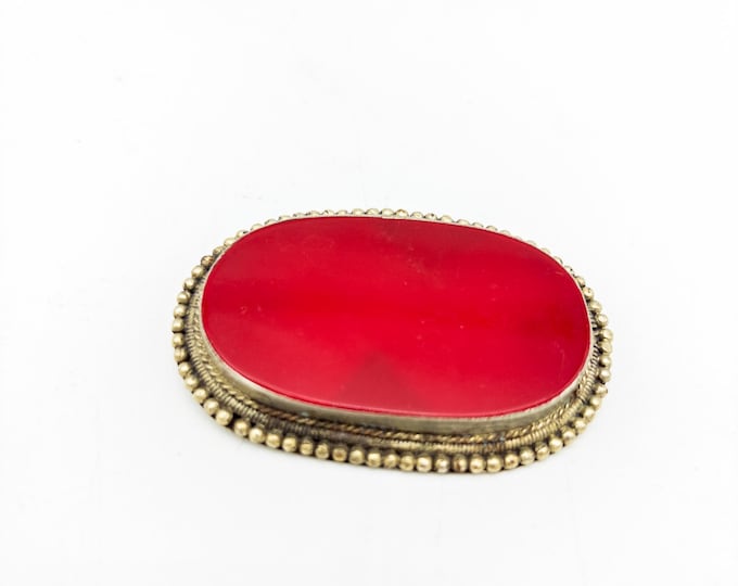 Gorgeous  Oversized Silver toned and Red Oval Brooch/Pin/Brooch,