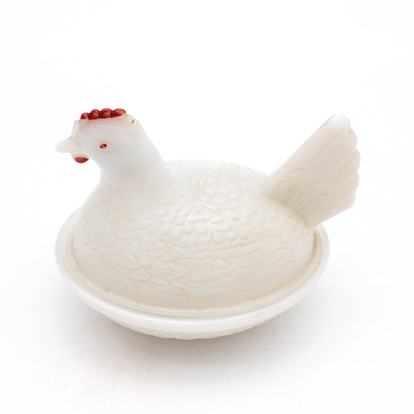 Vintage White Milk Glass Mini Chicken Hen on Nest Dish Red Comb