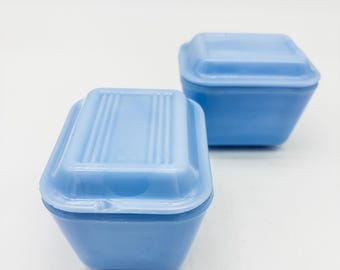 Powder Blue Pyrex mini Fridge Keepers/Fridgies with lids 1930's