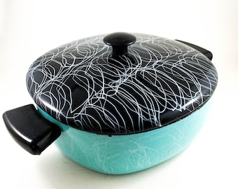 Mid Century Vintage Enamel Turquoise and Black Swirl pattern Casserole Pot