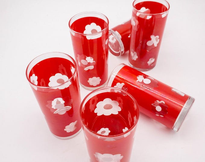 Fabulous Set of 6 Vintage Red Daisy Bar Glasses