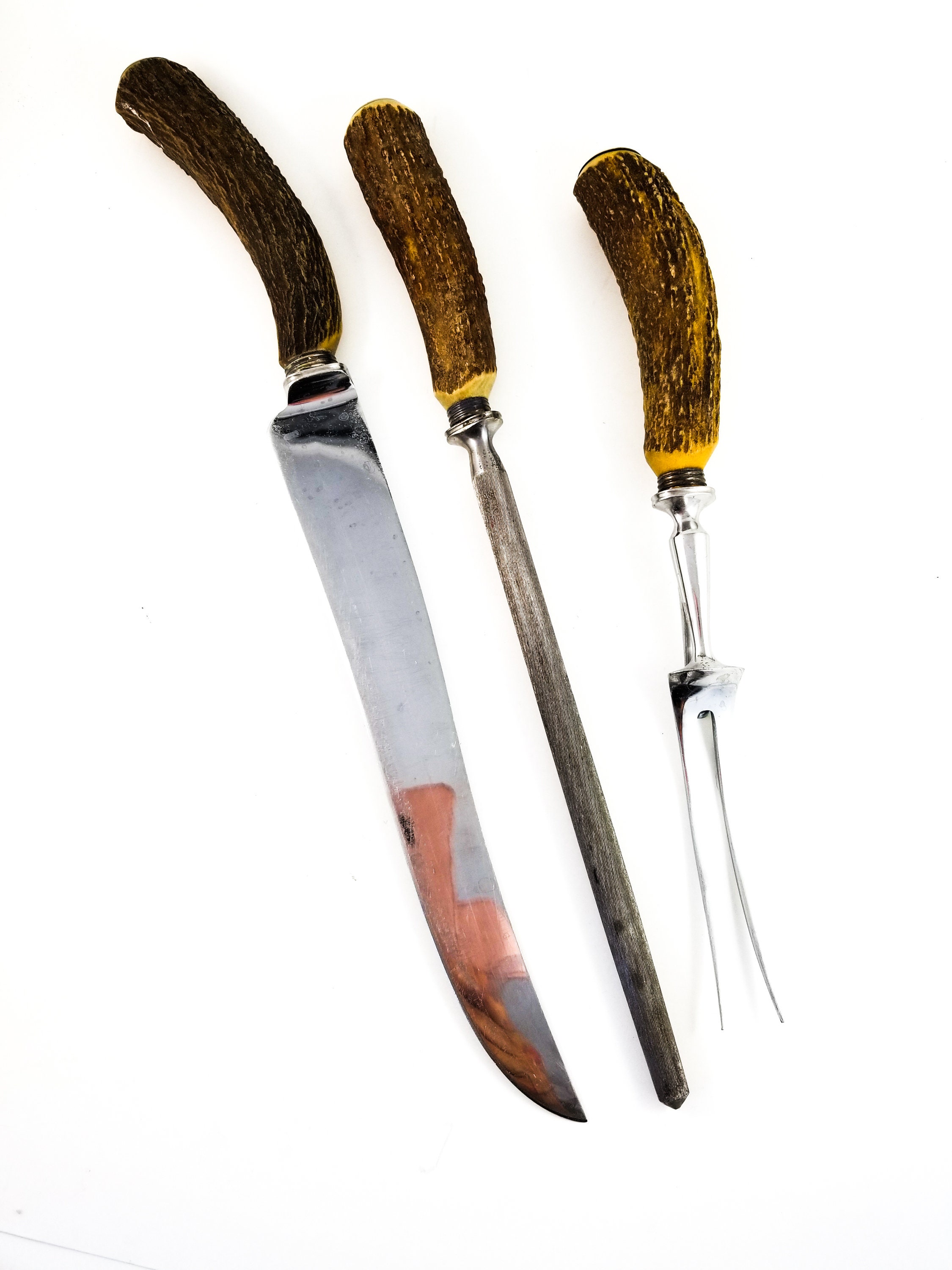 Genuine Stag/Antler Handle 3 Piece Carving Set Cased Made In Sheffield