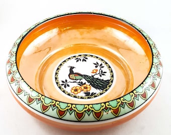 Stunning Czech Opalescent Orange Glass Bowl with Peacock Motif