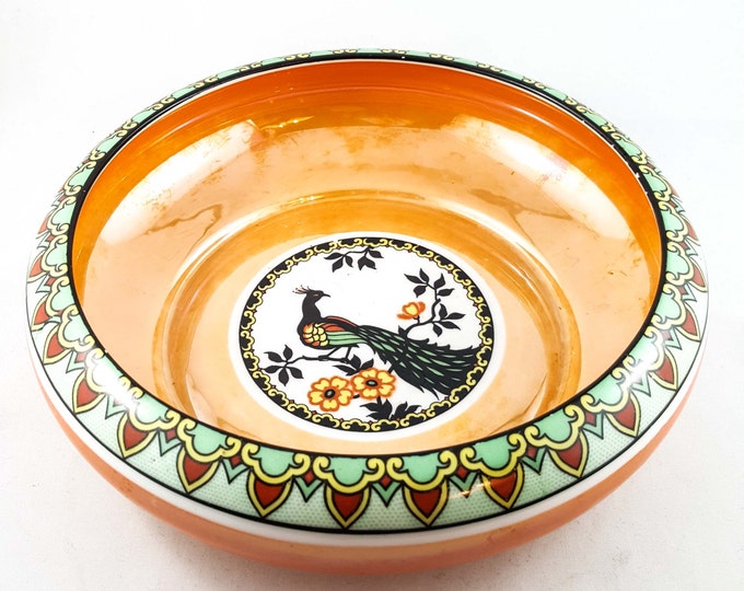 Stunning Czech Opalescent Orange Glass Bowl with Peacock Motif