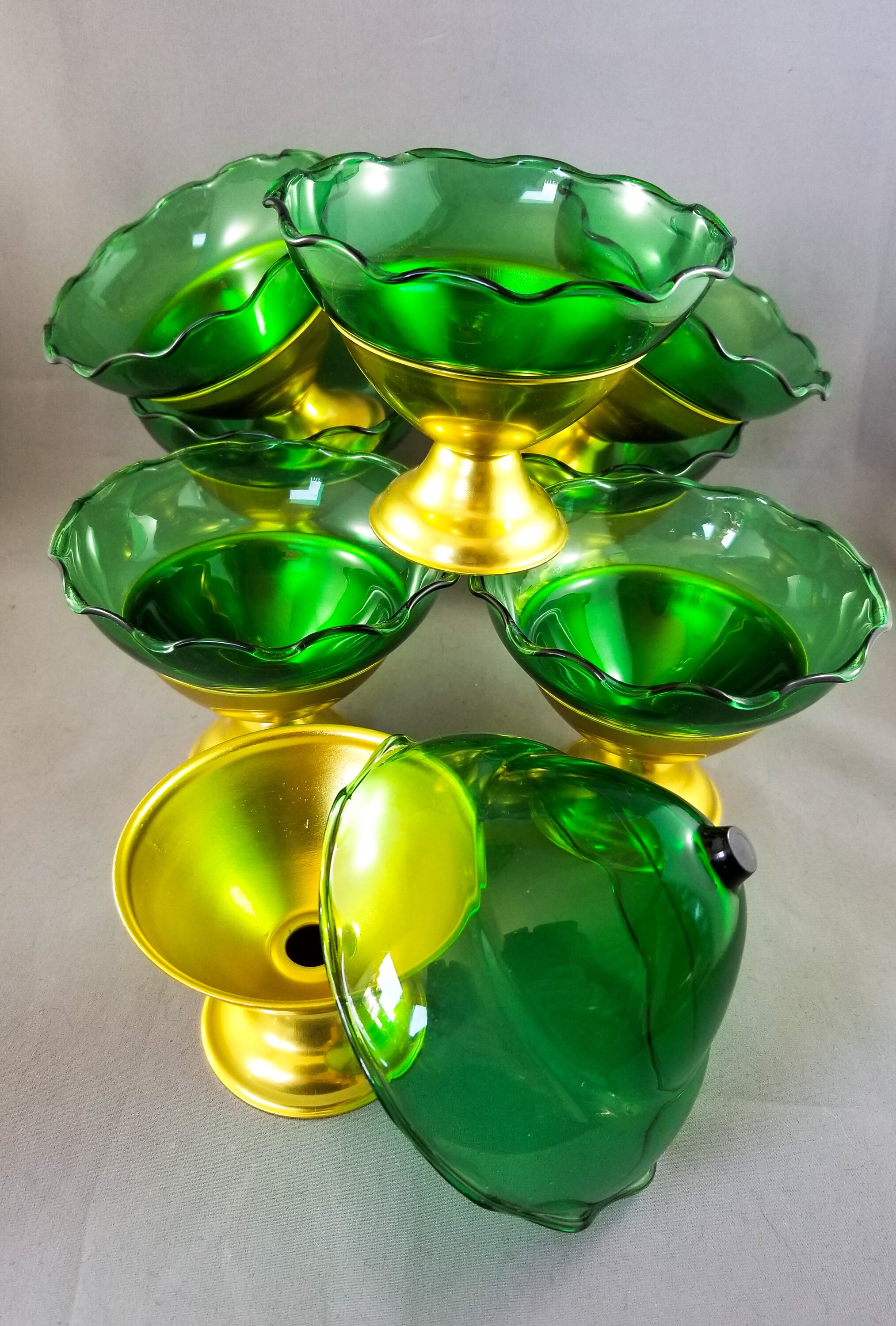 8 Gold Anodized Aluminum Sherbet Ice Cream Cups with 8 Emerald Glass