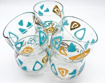 Mid Century Libbey Atomic amoeba Boomerang Pattern in Aqua & 22 Kt Gold, 6 roly poly glasses