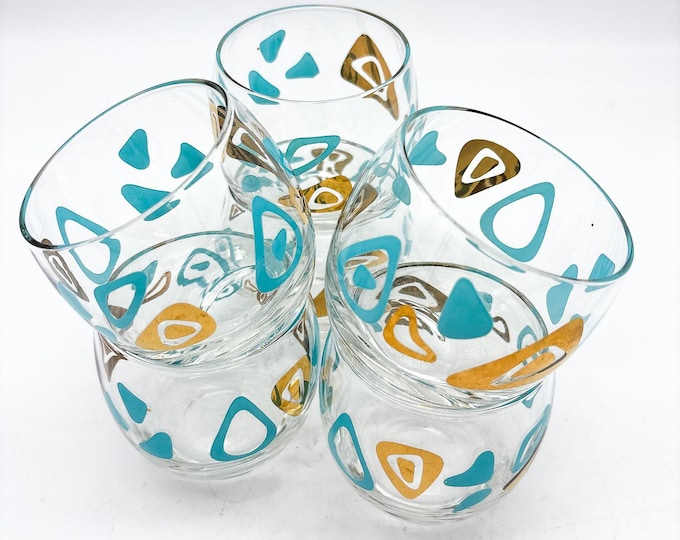 Mid Century Libbey Atomic amoeba Boomerang Pattern in Aqua & 22 Kt Gold, 6 roly poly glasses