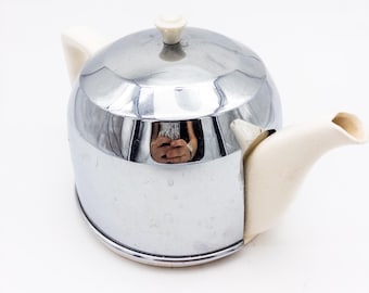 Fantastic Chrome and ceramic Insulated Teapot Stainless Steel 42oz 1950's Tea Services