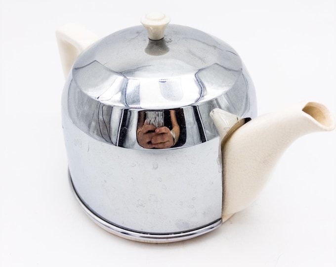 Fantastic Chrome and ceramic Insulated Teapot Stainless Steel 42oz 1950's Tea Services