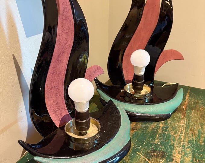 Harris Ceramic Abstract Flame Table Lamp with Black and Pink Flame-like Fins