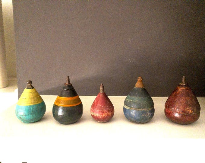 Set of 5 Metal Tip Vintage Painted Wood Spin Top Toys