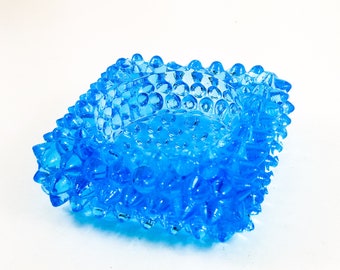 Bright Blue Turquoise Aqua Hobnail Glass Ashtray/Trinket Dish