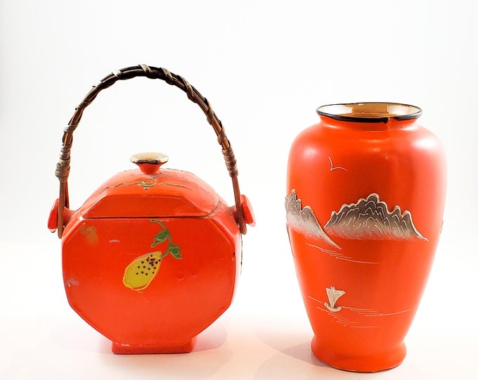 Stunning Orange Porcelain Vase And Lidded Jam Jar with Spoon, Made in Japan