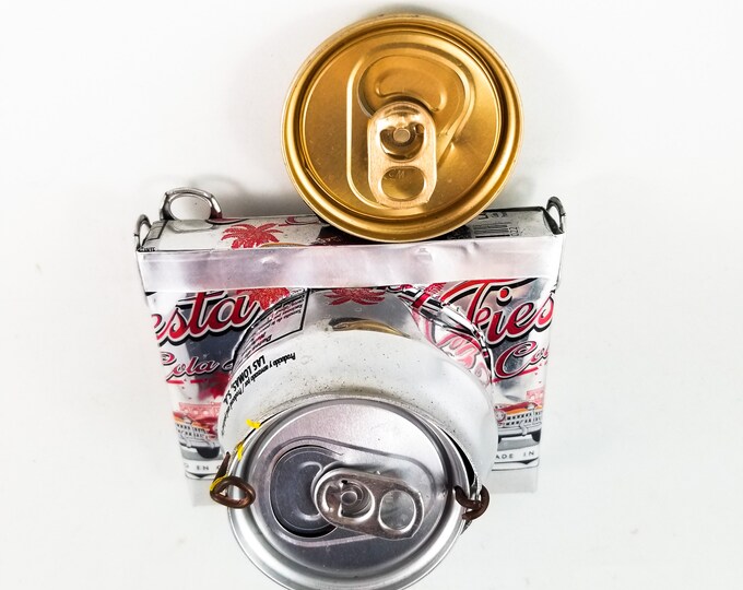 Toy Tin Camera made from Silver Pop Can with Spring Loaded Character that pops out when Shutter Lever is on Rea of Cr