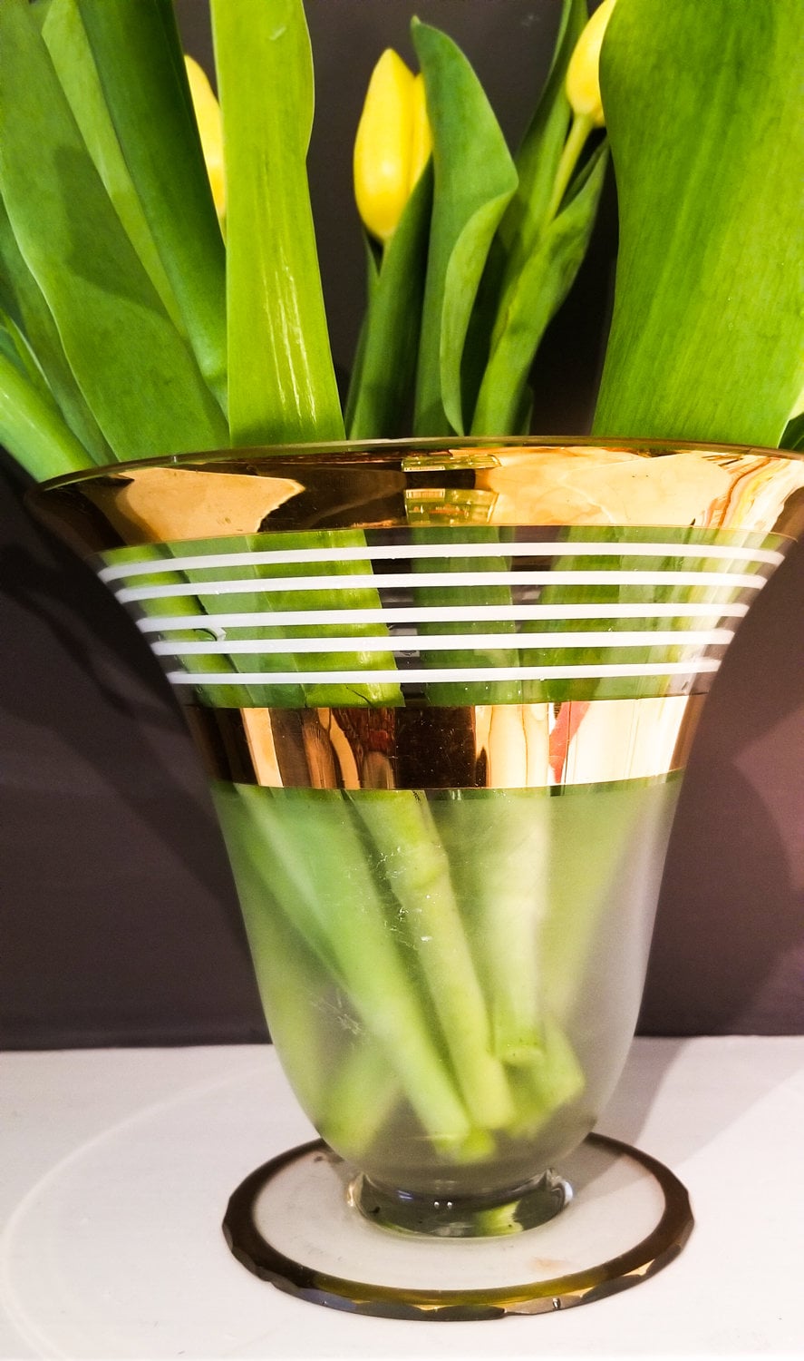 Glass Flower Vase with Gilt Horizontal Stripes and white bands