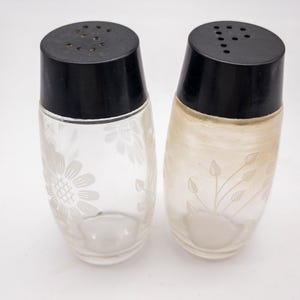 May include: Two clear glass salt and pepper shakers with black plastic tops. The shakers have etched floral designs.