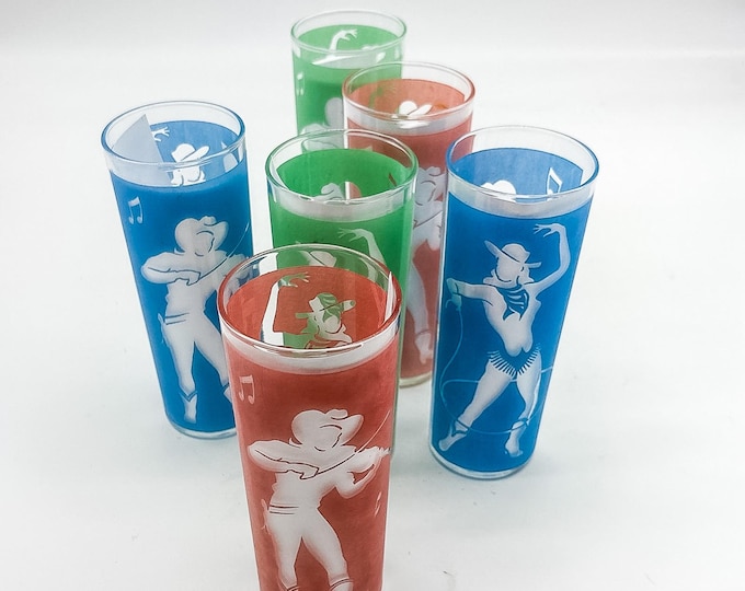 Fabulous Tall Hi Ball Glasses with Dancing Cowgirl and Fiddling Cowboy Reverse Print Motif. Mid Century Barware. Set of 6.