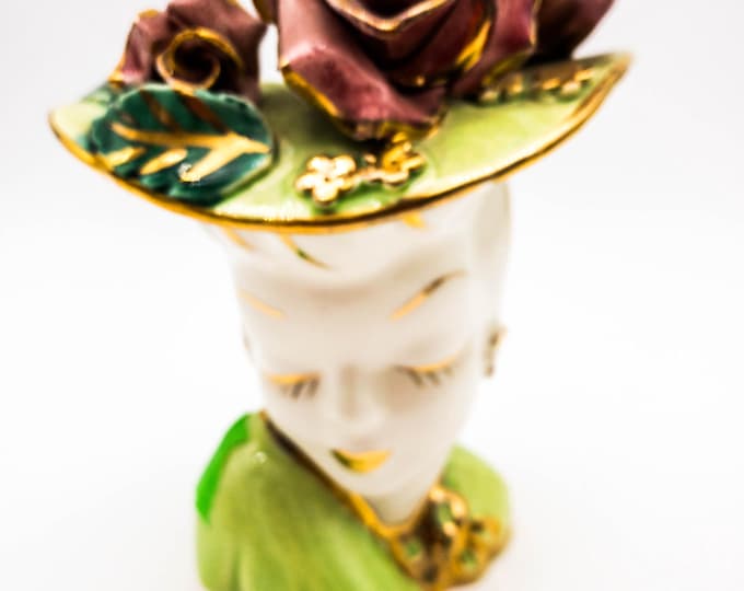 Vintage  Mid Century Lady Head Vase in Elegant Green with Gold Accents and Roses on on her hat